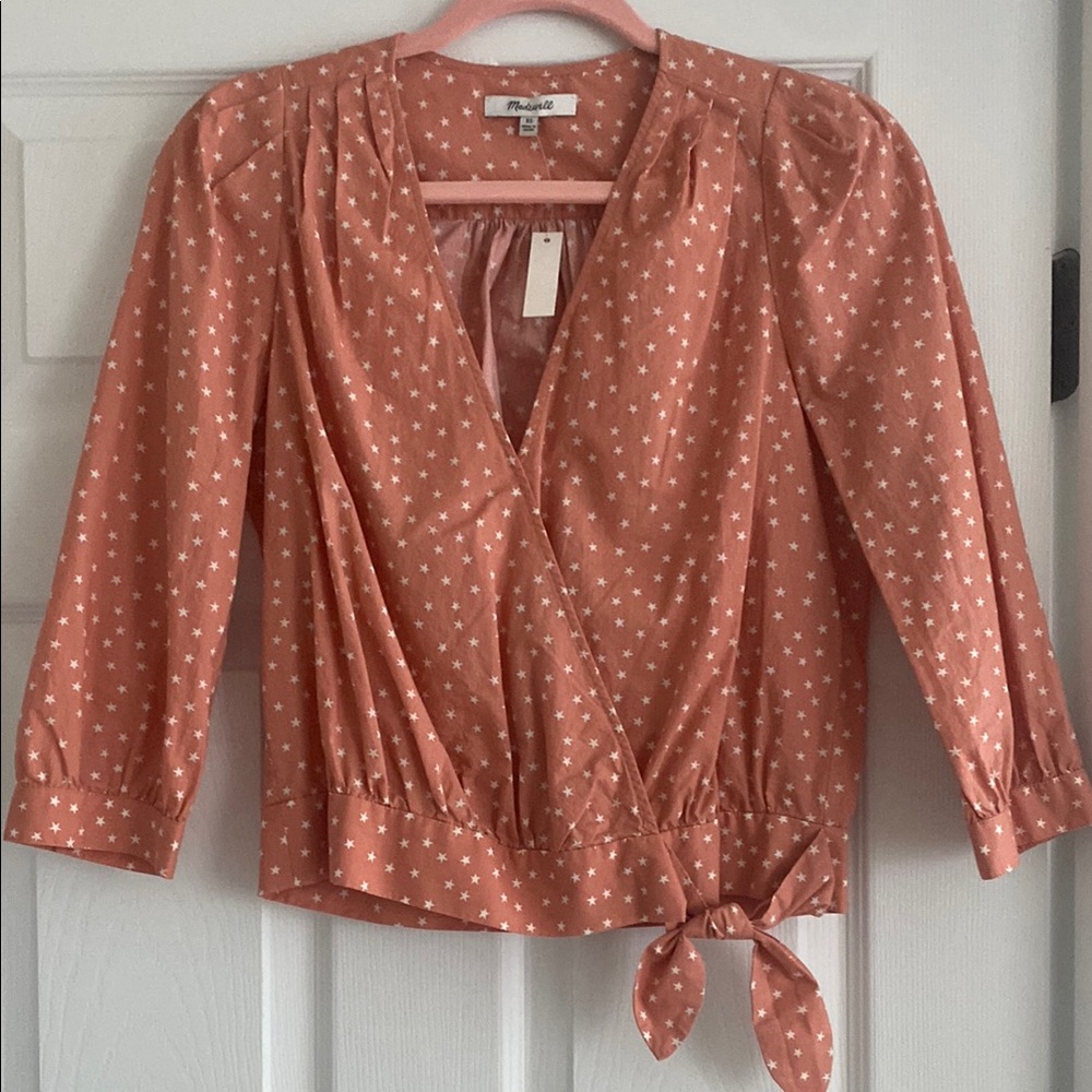 Madewell Orange and White Wrap Blouse 3/4 Sleeve Tie Front